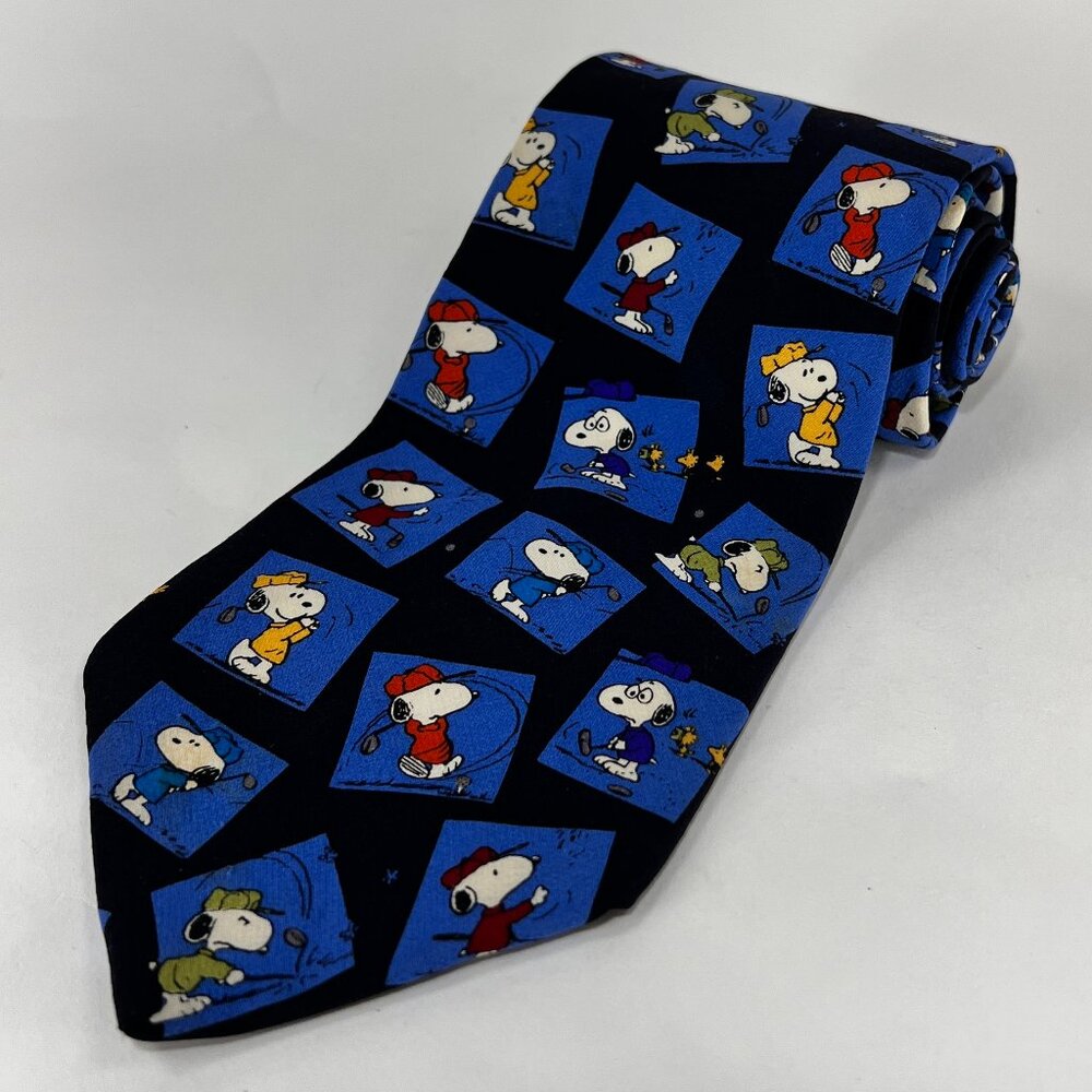 Snoopy Peanuts Golfer Golfing Necktie Tie Mens Blue White Silk All Over Print
